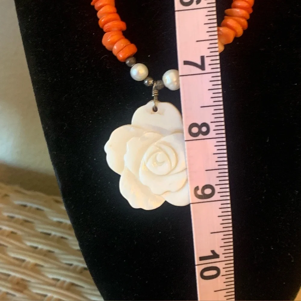 Orange Beaded Necklace with White Flower Pendant - Picture 9 of 11